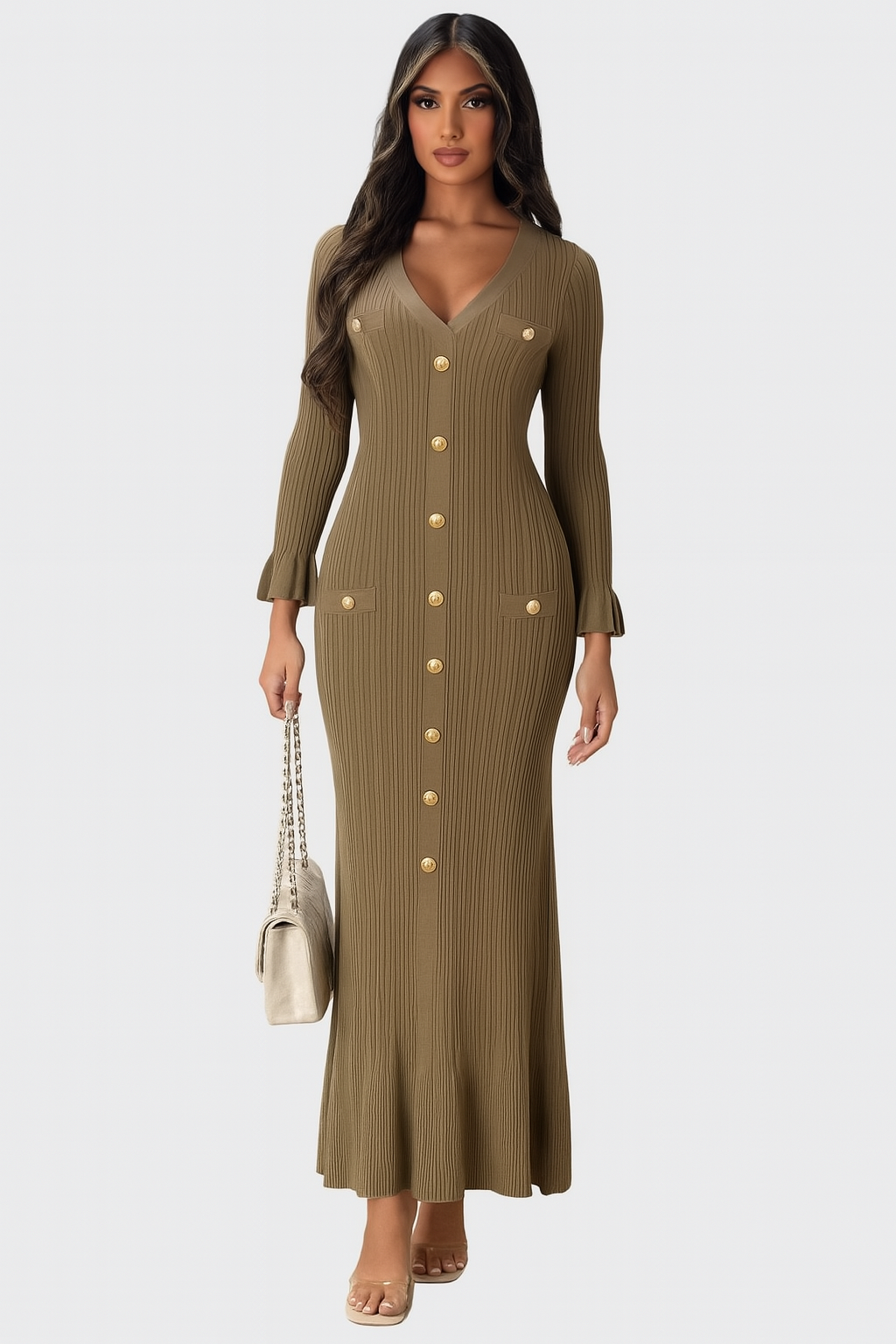 Elegantes Strickkleid mit Goldknöpfen – figurbetont & stilvoll
