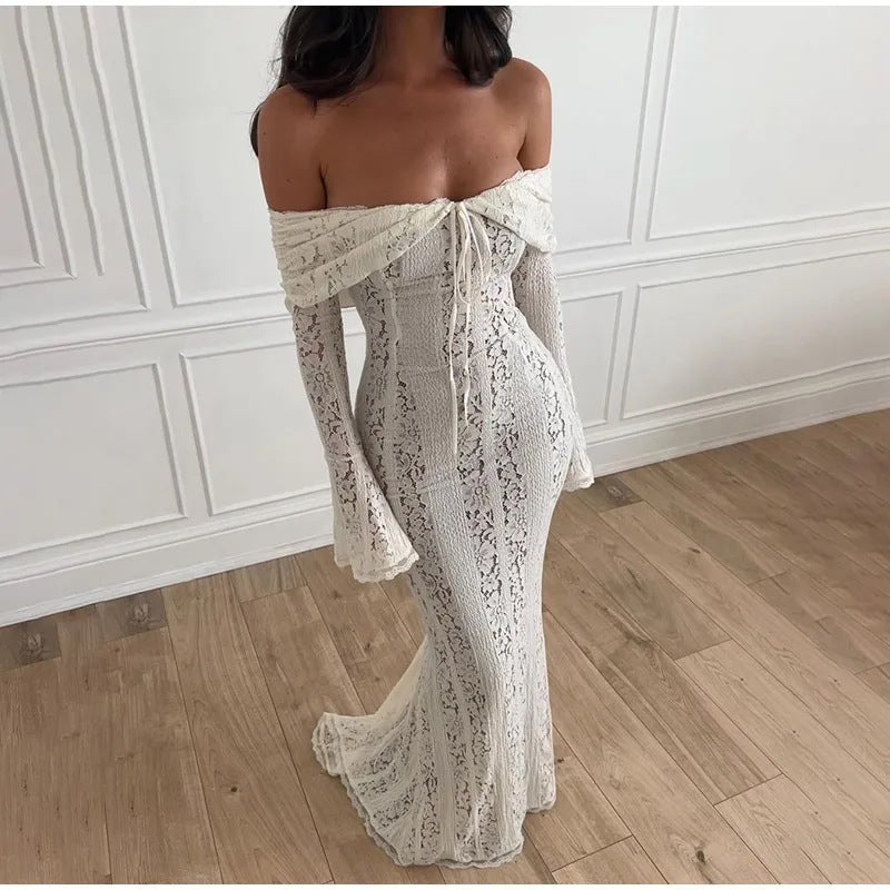 Boho-Spitzen-Maxi-Kleid Off-Shoulder