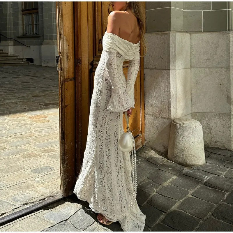 Boho-Spitzen-Maxi-Kleid Off-Shoulder