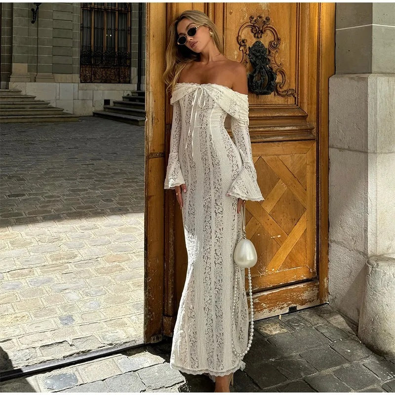 Boho-Spitzen-Maxi-Kleid Off-Shoulder